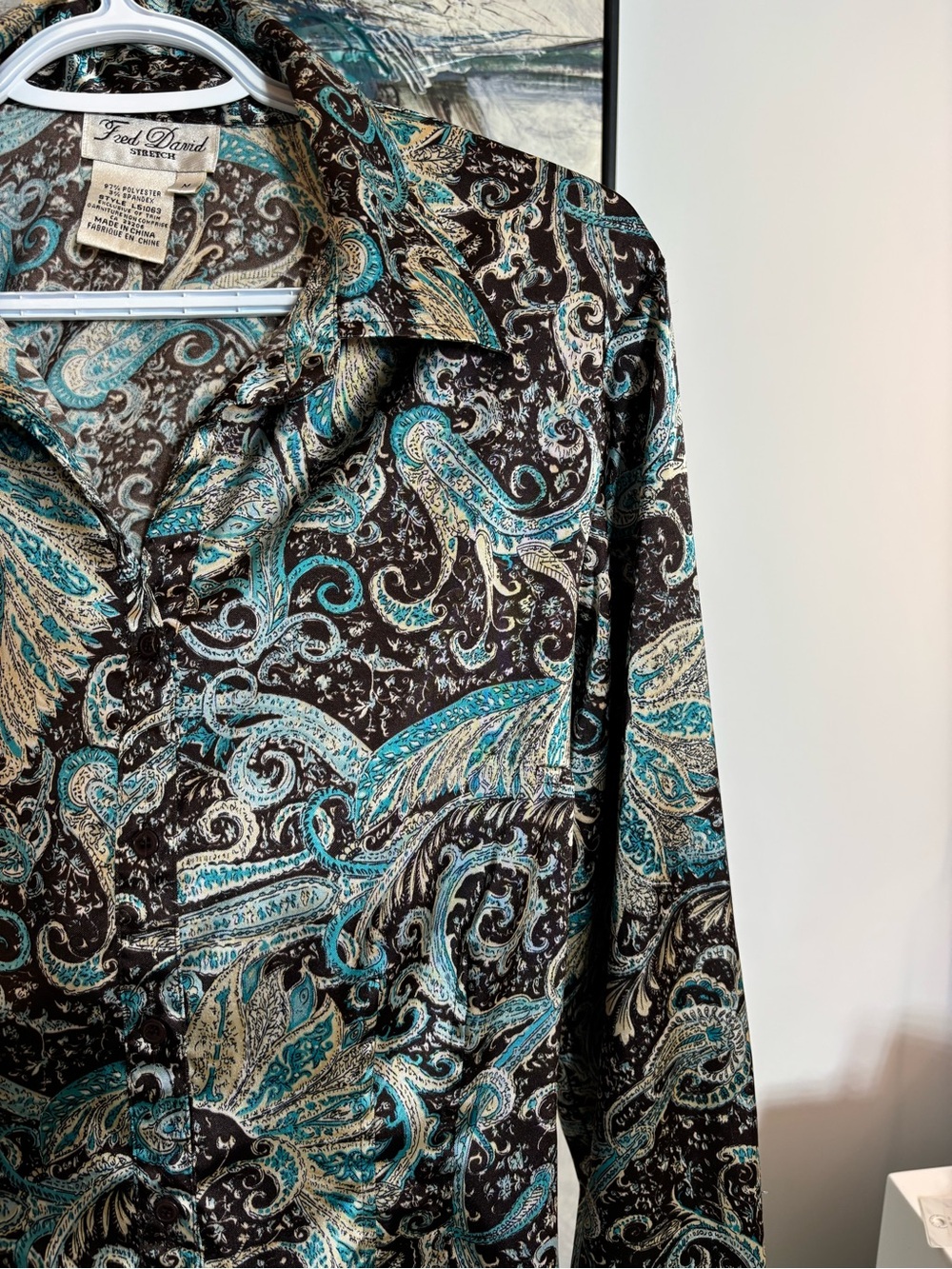 Paisley Button-Front Long-Sleeve Top in Teal and Brown Stretch - Picture 4 of 10